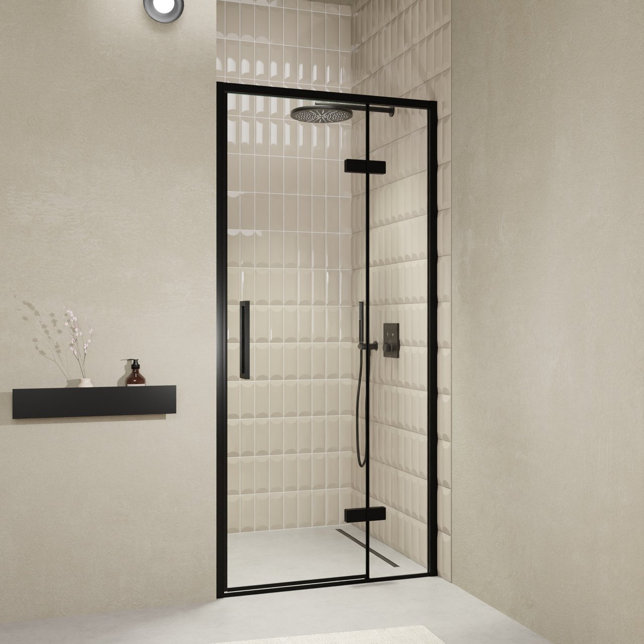 Balmani Senses Design Dusche Drehtür, Rechts, 100 cm x 210 cm, Klarglas, Profil Schwarz