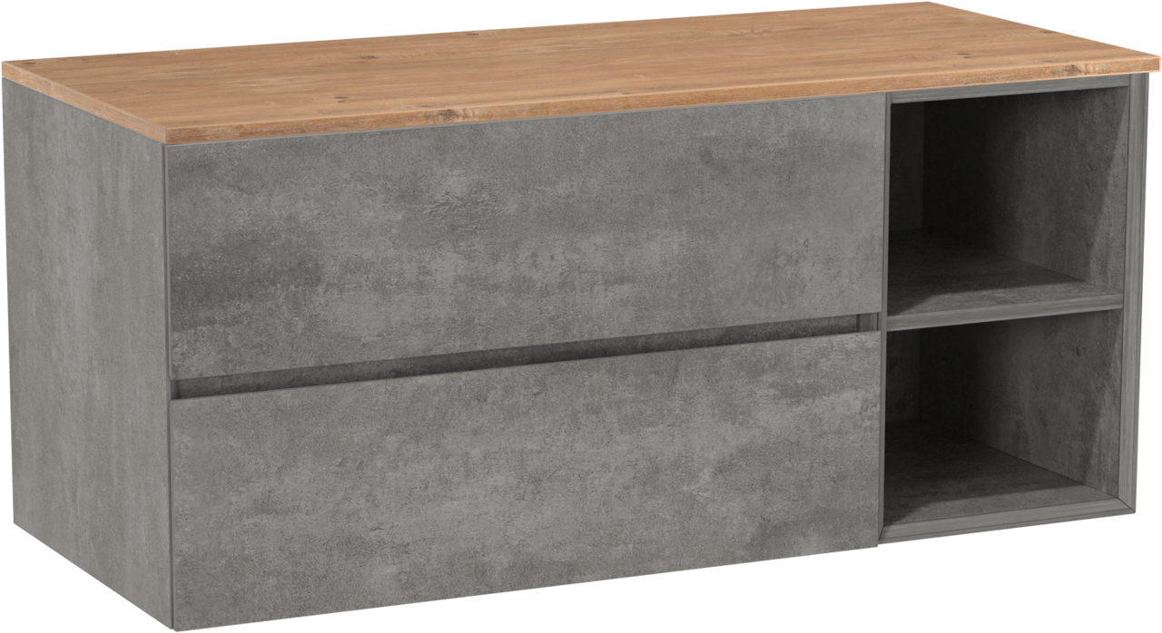 Storke Edge zwevend badmeubel 120 x 52 cm beton donkergrijs met Panton enkel of dubbel wastafelblad in melamine ruw eiken