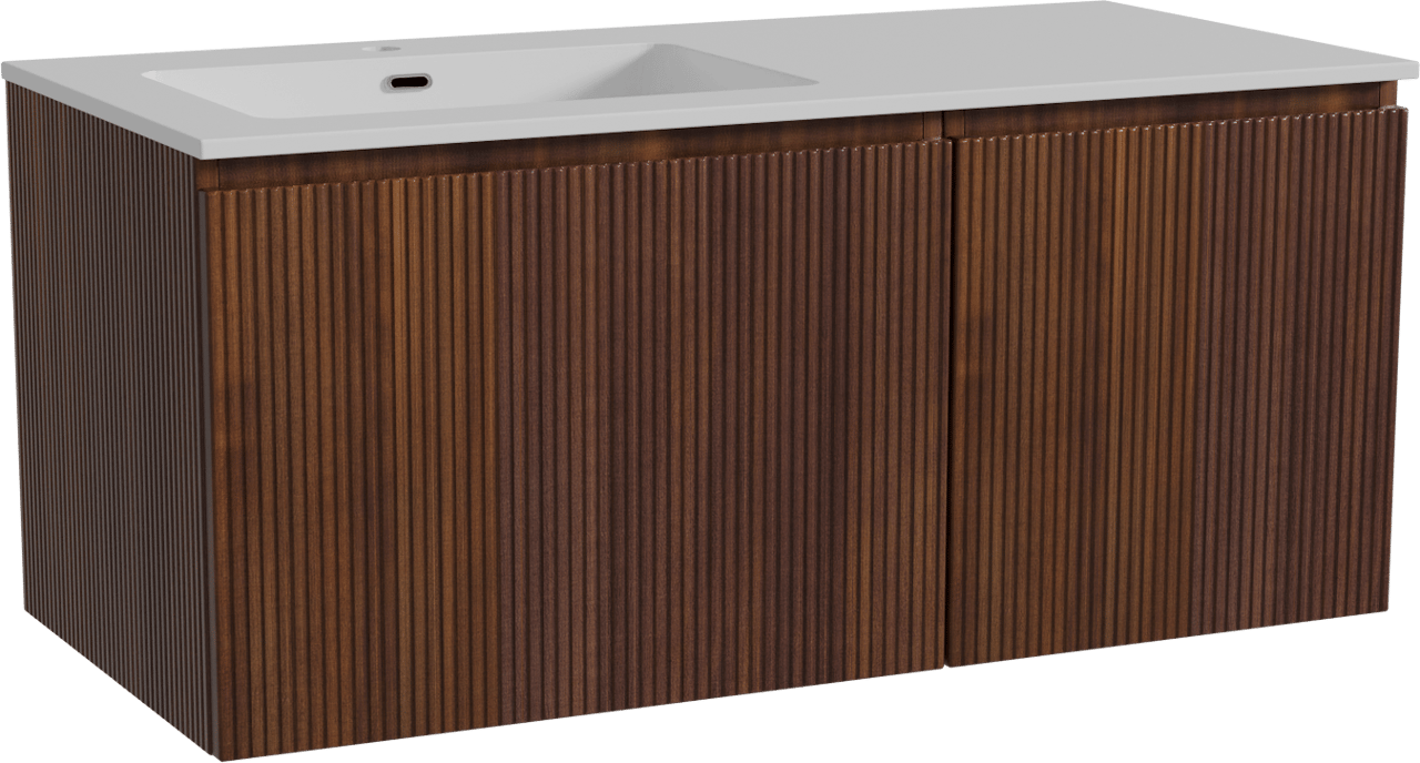 Storke Ribs zwevend badmeubel 110 x 52 cm notenhout met Diva asymmetrisch linkse wastafel in composietmarmer hoogglans wit, Verticale symmetrische rechte ribbel