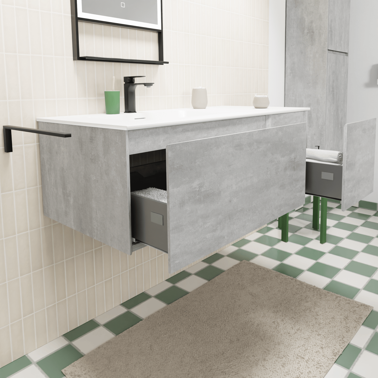 Storke Edge zwevend badmeubel 110 x 52 cm beton donkergrijs met Mata asymmetrisch linkse wastafel in solid surface mat wit