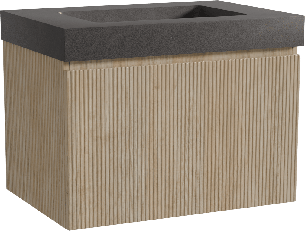 Storke Ribs zwevend badkamermeubel 75 x 52 cm ruwe eik met Scuro High enkele wastafel in kwarts mat zwart, Verticale symmetrische rechte ribbel