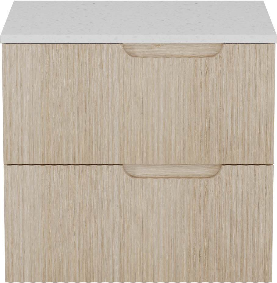 Linie Ribbo hängendes Möbelstück Set: 60 x 46 cm, Helle Eiche, mit Lado Einzel Waschtischplatte, Melamin, in Terrazzo Weiß, Vertikale symmetrische runde Rippe