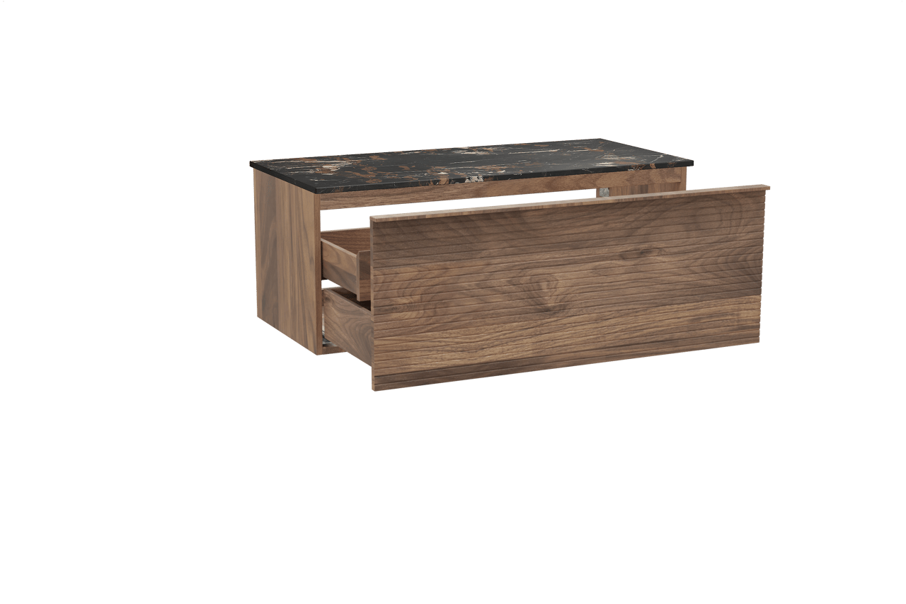 Balmani Forma zwevend badmeubel 120 x 55 cm amerikaans notenhout met Stretto enkel wastafelblad in marmer portoro gold, Horizontale symmetrische rechte ribbel