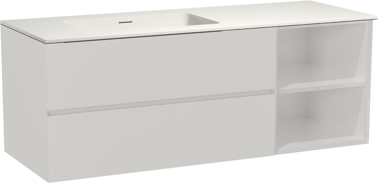 Storke Edge zwevend badkamermeubel 140 x 52 cm glanzend wit met Mata asymmetrisch linkse wastafel in solid surface mat wit