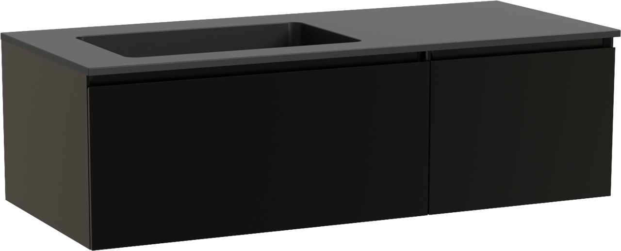 Storke Edge zwevend badmeubel 120 x 52 cm mat zwart met Scuro asymmetrisch linkse wastafel in kwarts mat zwart