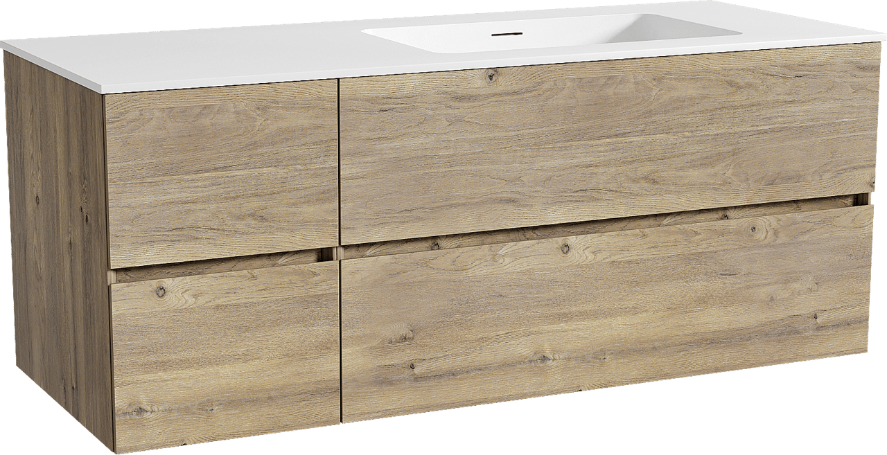 Storke Edge zwevend badkamermeubel 130 x 52 cm ruwe eik met Mata asymmetrisch rechtse wastafel in solid surface mat wit