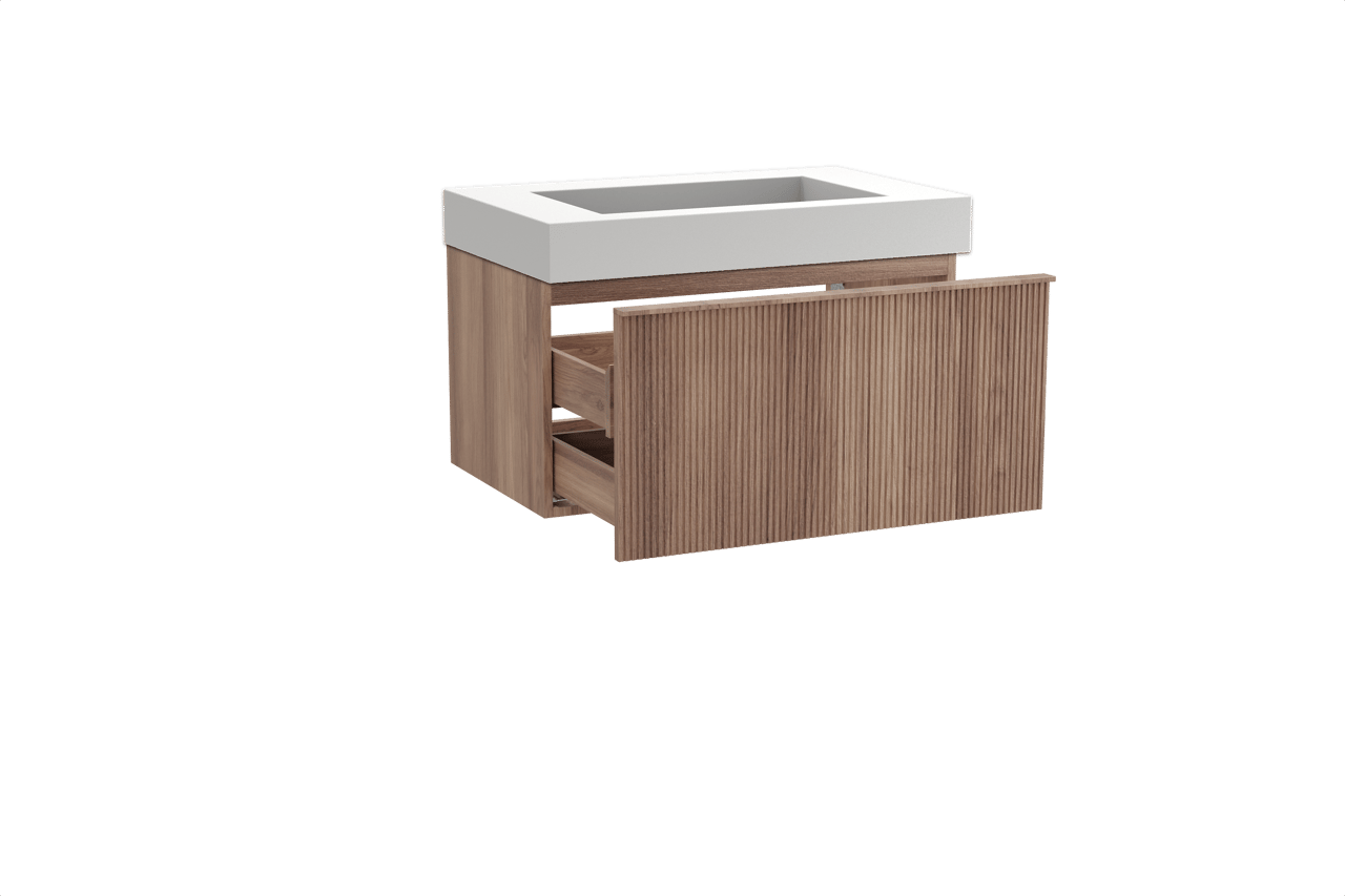 Balmani Forma hängendes Möbelstück Set: 90 x 55 cm, Teak, mit Modus Einzelwaschtisch, Solid Surface, Weiß matt, Vertikale symmetrische gerade Rippe