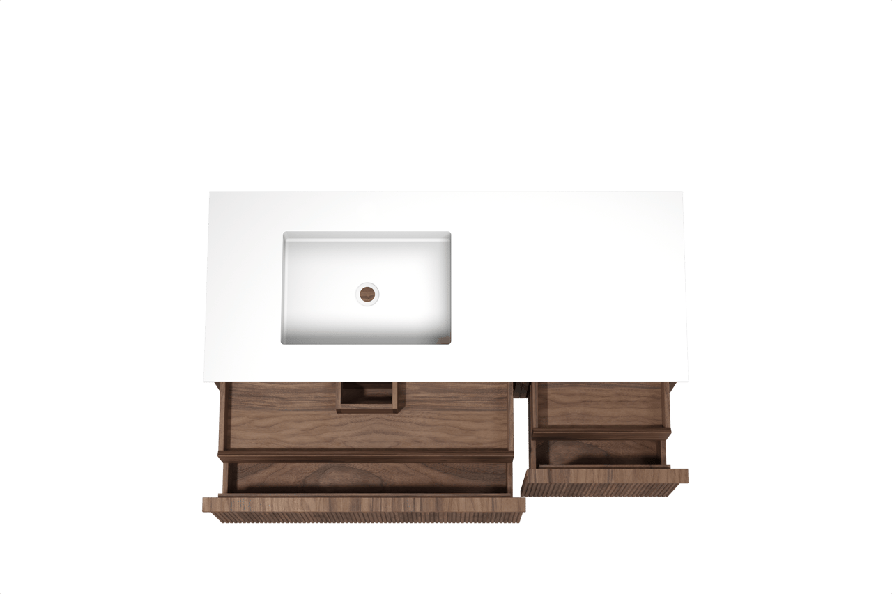 Balmani Forma hängendes Möbelstück Set: 135 x 55 cm, Amerikanischer Nussbaum, mit Tablo Stretto Waschtisch links, Solid Surface, Weiß matt, Vertikale symmetrische gerade Rippe
