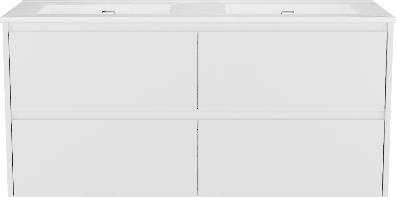 Storke Seda meuble salle de bains suspendu 130 x 52 cm blanc mat avec Kera double vasque en porcelaine blanc brillant, bondes incluses