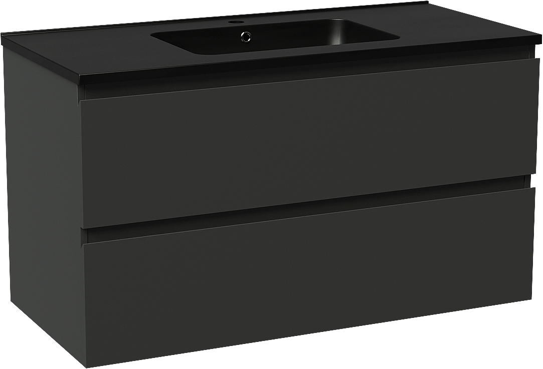 Linie Lado meuble salle de bains suspendu 100 x 46 cm noir mat avec Vano plan simple en marbre composite noir mat