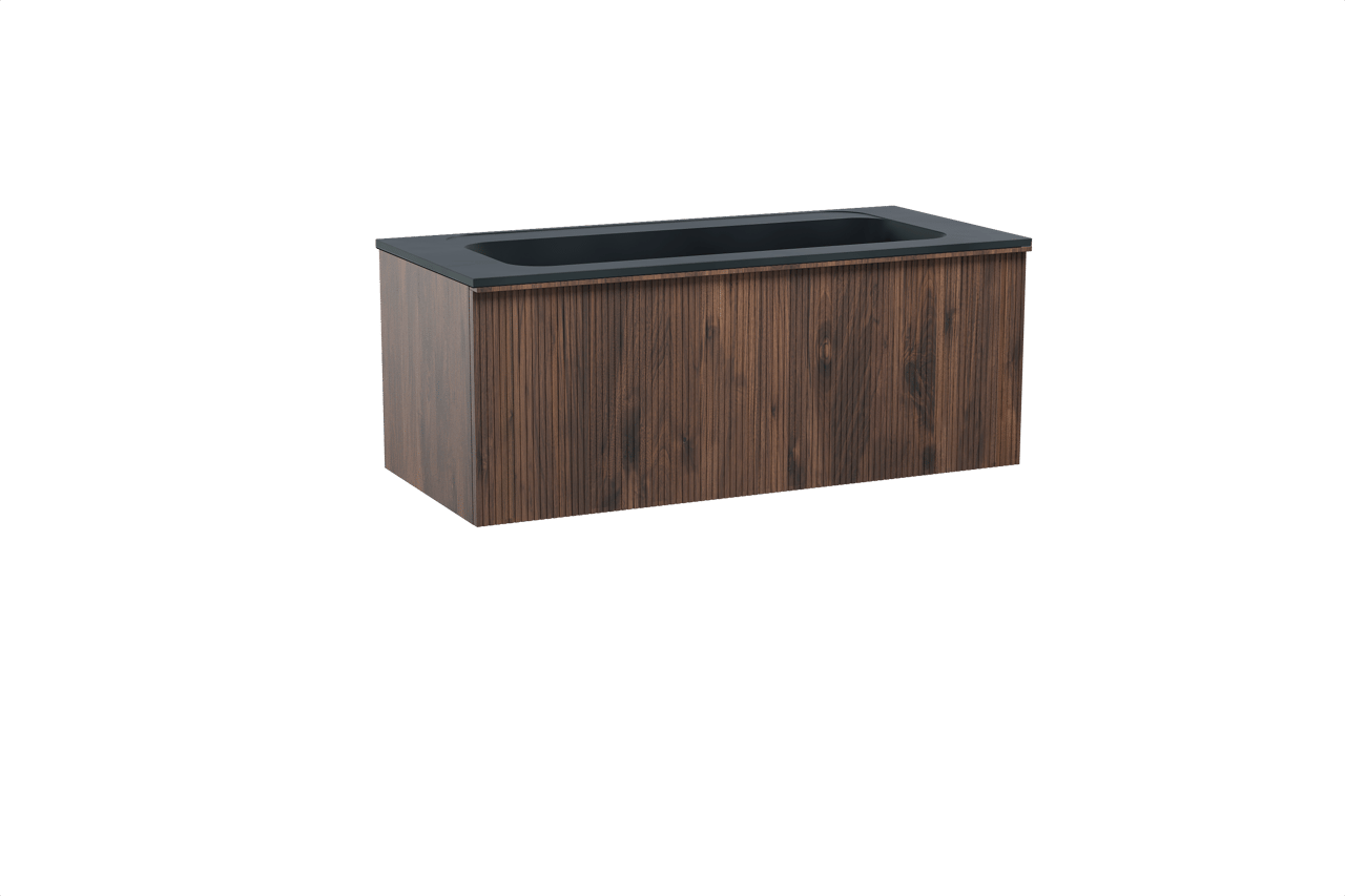Balmani Forma meuble salle de bains suspendu 120 x 55 cm noyer américain avec Tablo Strada lavabo simple pour 2 trous de robinet en marbre composite noir mat, Nervure droite symétrique verticale
