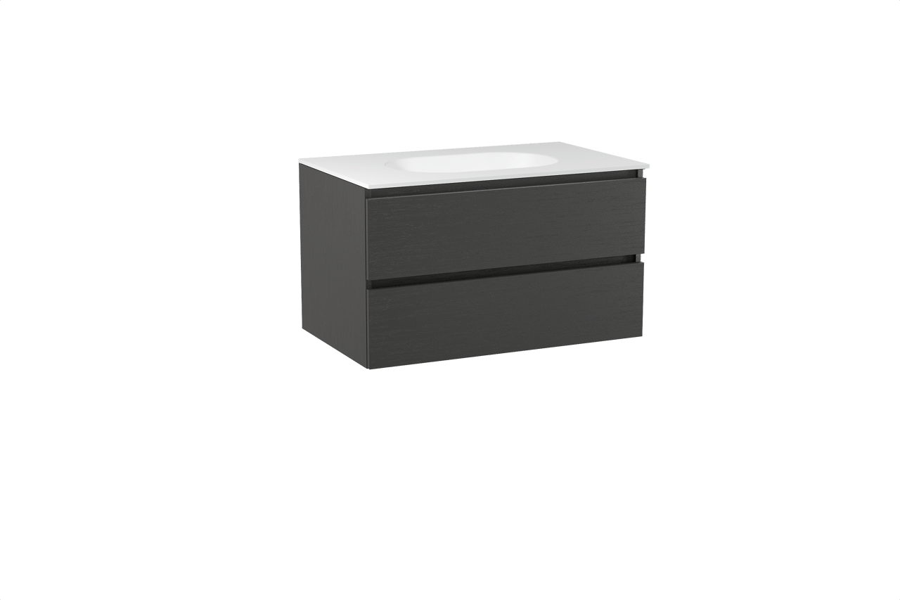 Balmani Lucida meuble salle de bains suspendu 90 x 55 cm chêne noir avec Tablo Oval plan simple en solid surface blanc mat