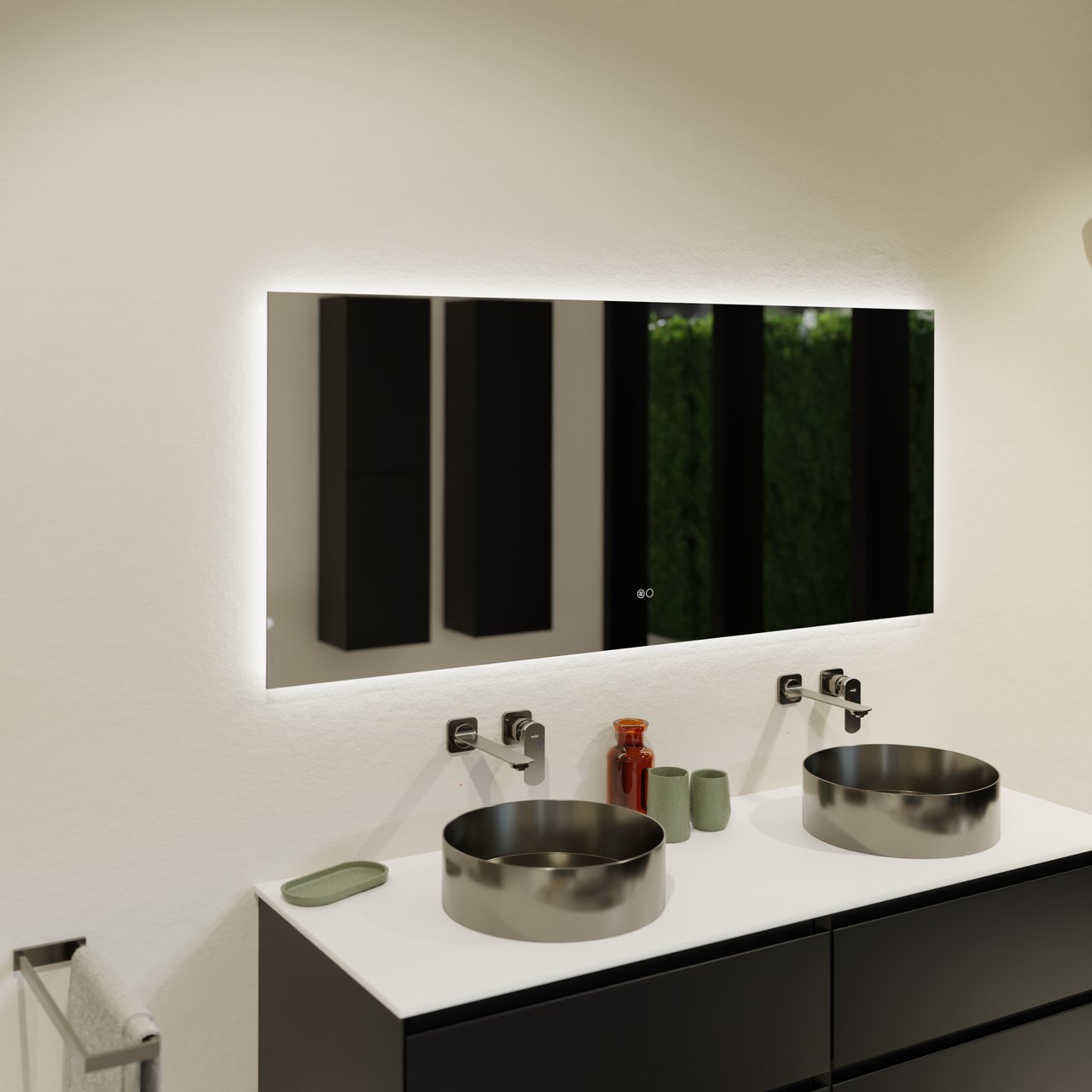 Balmani Giro Touch rechteckig Badezimmerspiegel 150 x 65 cm mit Spiegelbeleuchtung und Anti-Beschlag Spiegelheizung