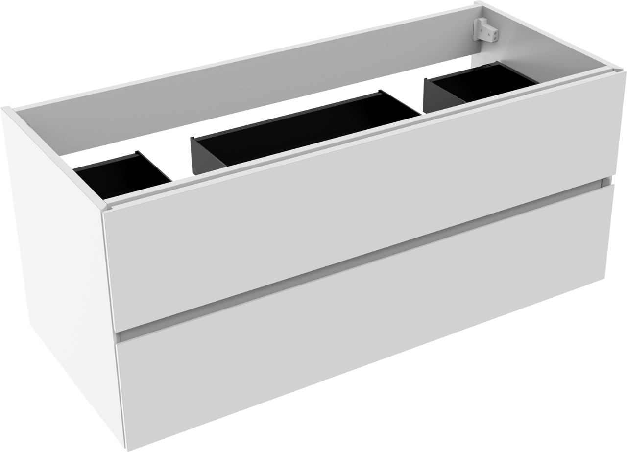 Storke Edge hängender Waschbeckenunterschrank: 120 x 52 cm, Weiß Glänzend, 2 Schubladen, 2 Siphonaussparungen
