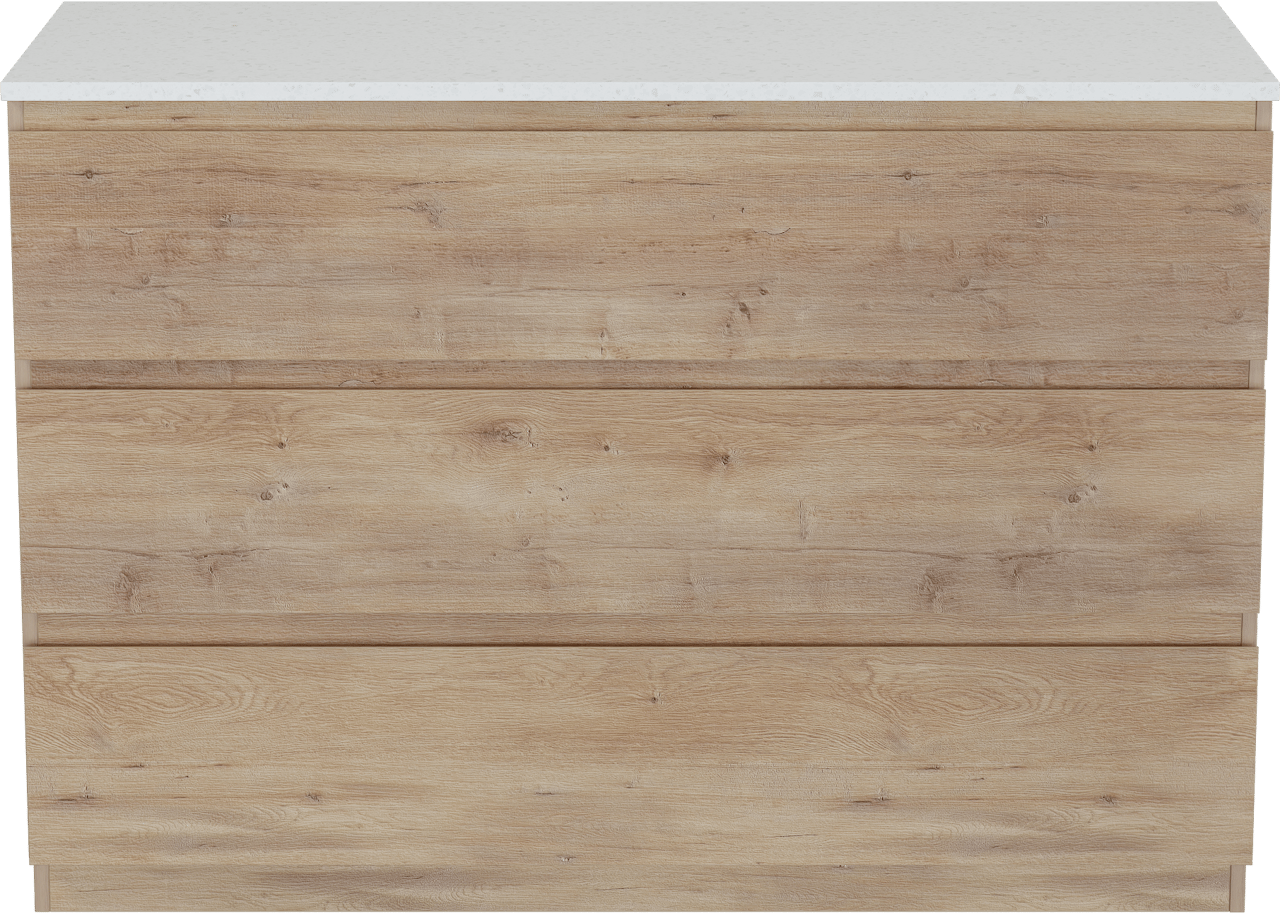 Linie Lado meuble salle de bains à poser 120 x 46 cm chêne naturel avec Lado tablette simple ou double en mélaminé terrazzo blanc