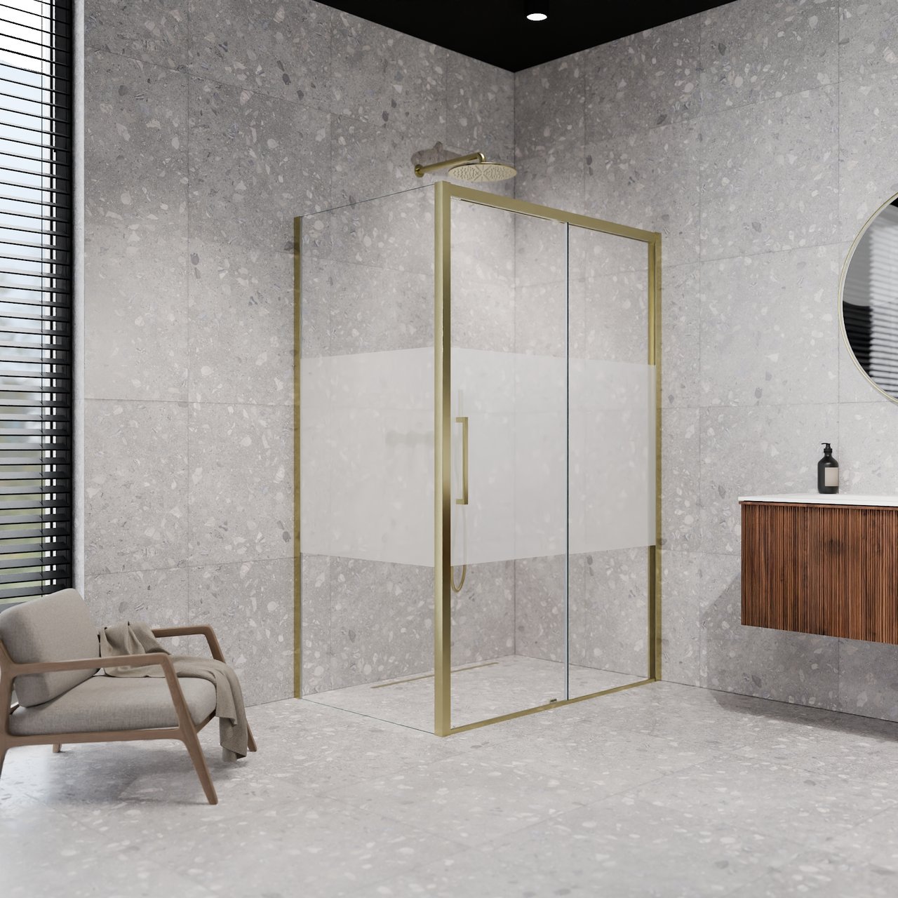 Balmani Senses Design Eckdusche: Schiebetür (Rechts) mit fixierte Seitenwand, 140 x 90 cm, Klarglas mit mattiertem Streifen, Profil Brushed Champagne Gold