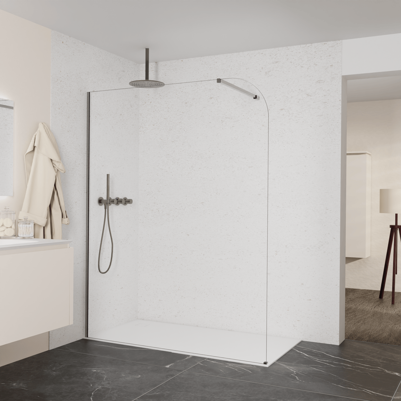 Balmani Modular douche à l'italienne: 160 x 200 cm, Verre transparent arrondi, avec coating, Profil Brushed GunMetal