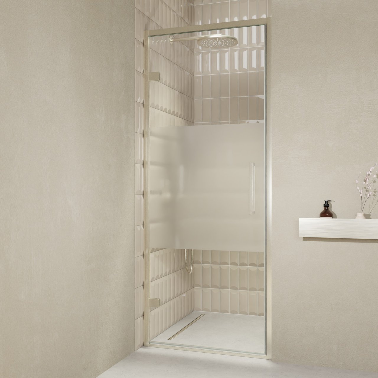 Balmani Senses Design douche draaideur links 90 cm x 210 cm Helder glas met matte strook, Brushed CoolMetal profielen, met coating