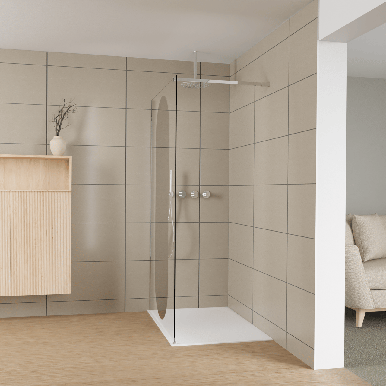Balmani Modular douche à l'italienne: 120 x 200 cm, Miroir reflex ovale, Profil Chrome brillant