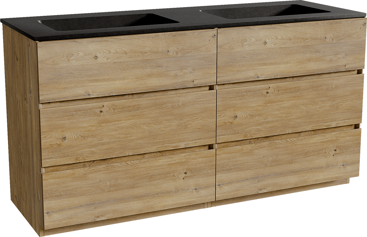 Storke Edge staand badmeubel 150 x 52 cm ruw eiken met Scuro dubbele wastafel in kwarts mat zwart