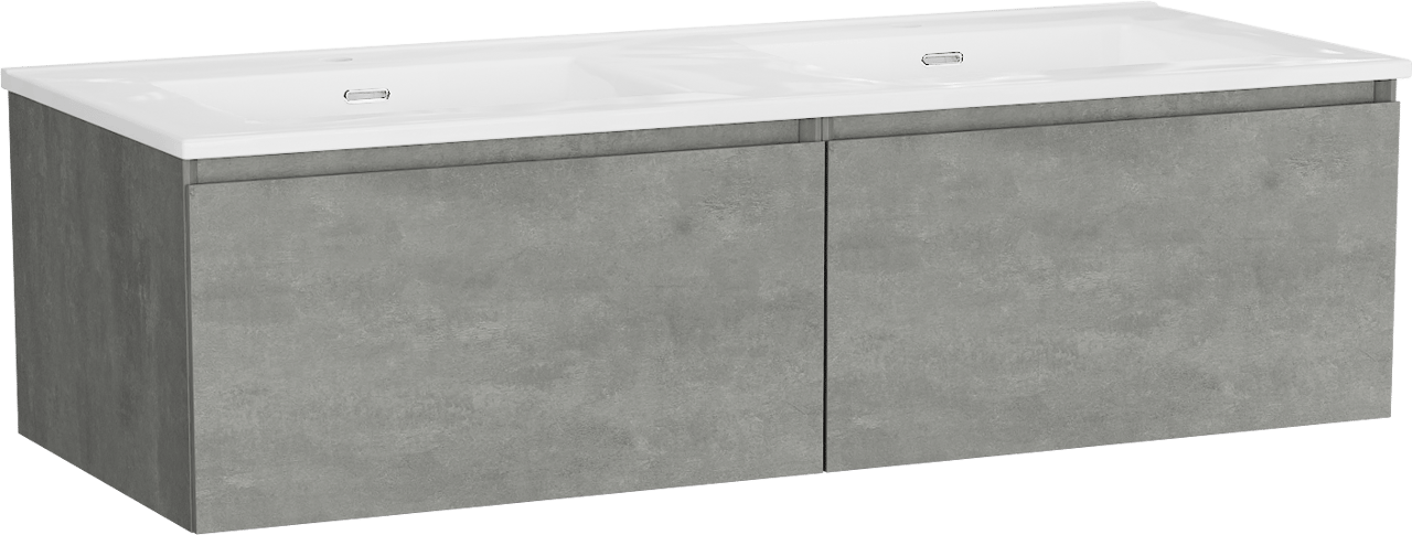 Storke Edge zwevend badkamermeubel 130 x 52 cm beton donkergrijs met Kera dubbele wastafel in porselein hoogglans wit, afvoerpluggen inbegrepen