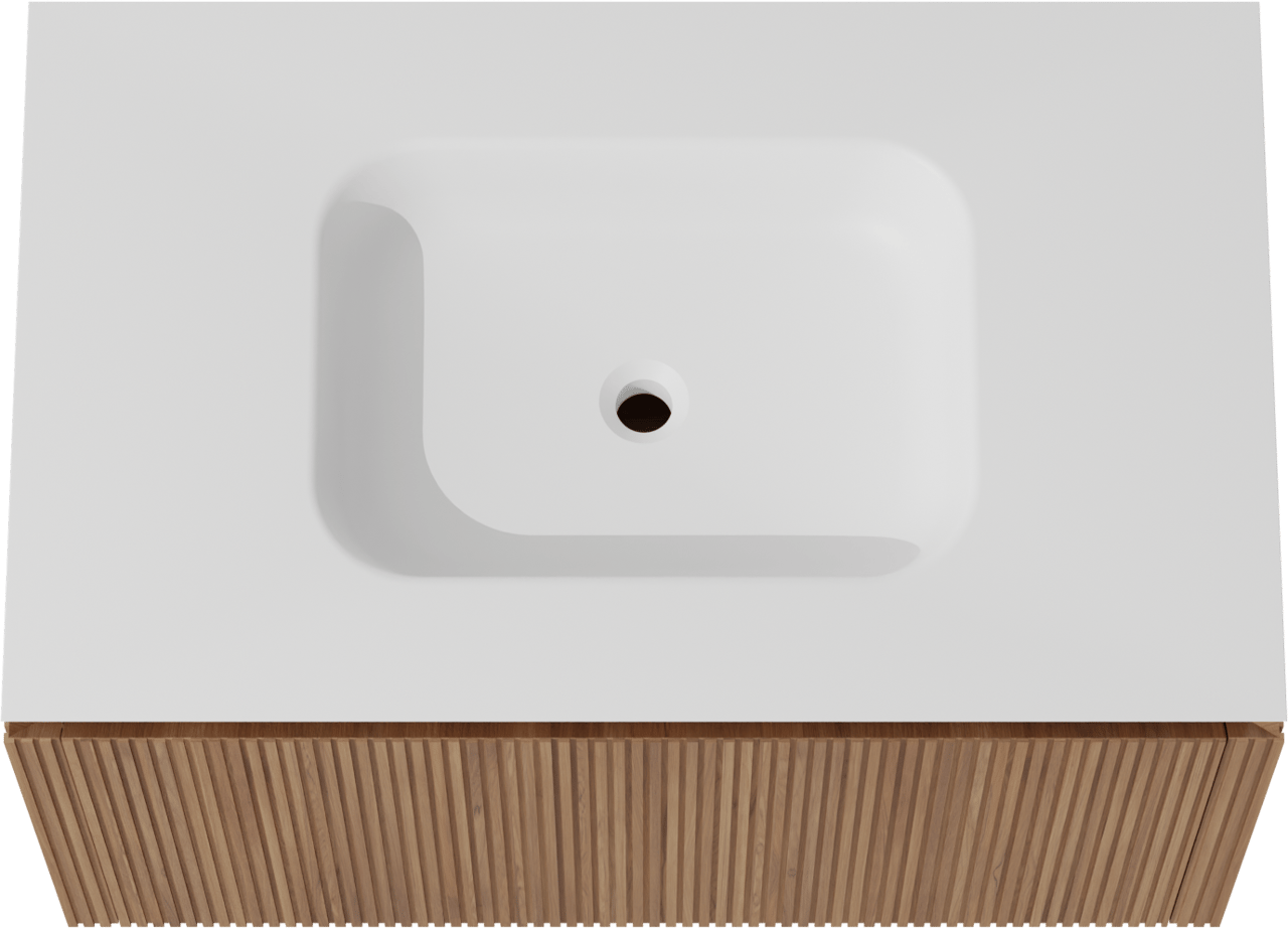 Balmani Eclips hängendes Möbelstück Set: 90 x 55 cm, Teak, mit Eclips Einzelwaschtisch Solid Surface Weiβ matt, Vertikale symmetrische gerade Rippe