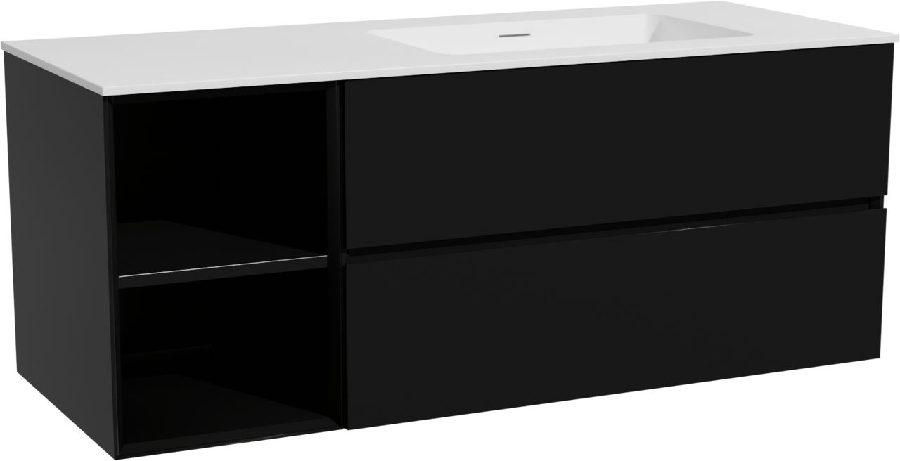 Storke Edge zwevend badmeubel 130 x 52 cm mat zwart met Mata asymmetrisch rechtse wastafel in solid surface mat wit