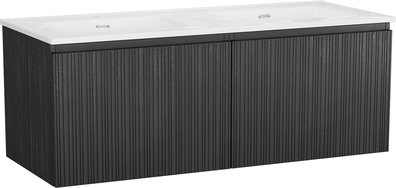 Storke Ribs meuble salle de bains suspendu 130 x 52 cm chêne noir avec Kera double vasque en porcelaine blanc brillant, Nervure droite asymétrique verticale, bondes incluses