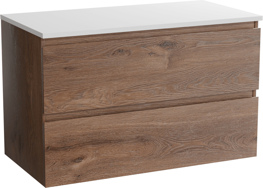Linie Lado zwevend badkamermeubel 90 x 46 cm bruine eik met Lado enkel tablet in composietmarmer glanzend wit