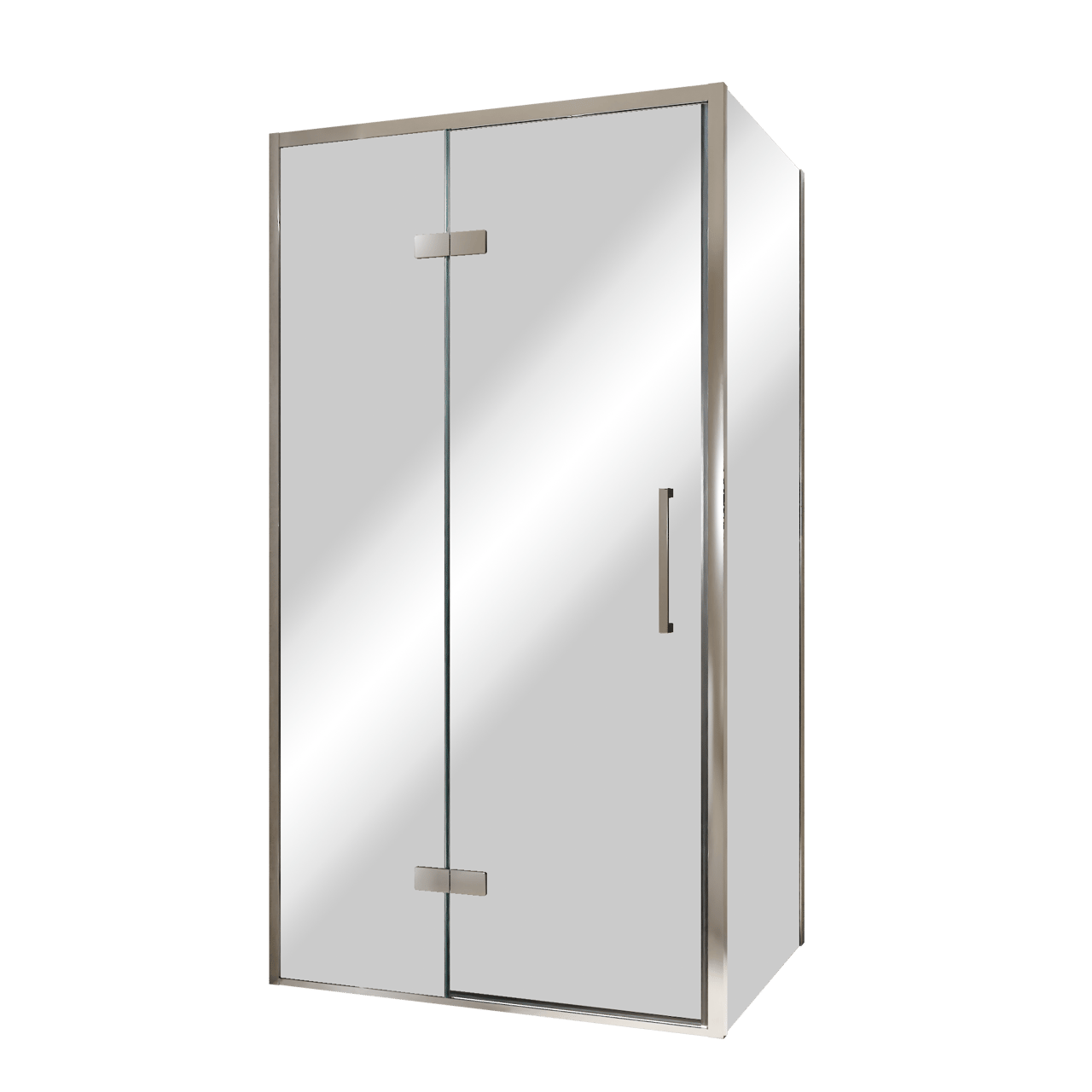 Balmani Senses Design douche en coin avec porte pivotante à gauche et paroi latérale fixe, 100 x 100 cm, Miroir Reflex, Profil chrome, coating inclus