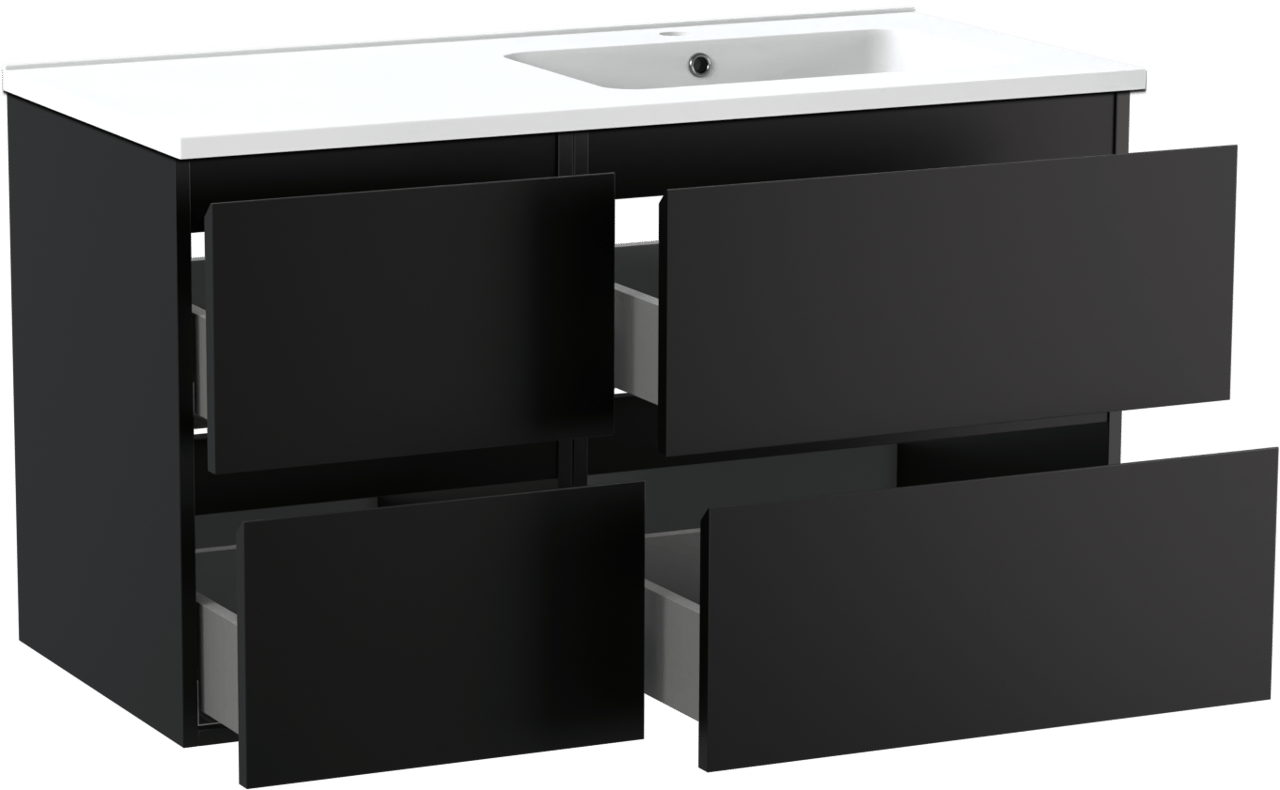 Linie Lado meuble salle de bains suspendu 100 x 46 cm noir mat avec Vano vasque asymétrique droite en marbre composite blanc mat