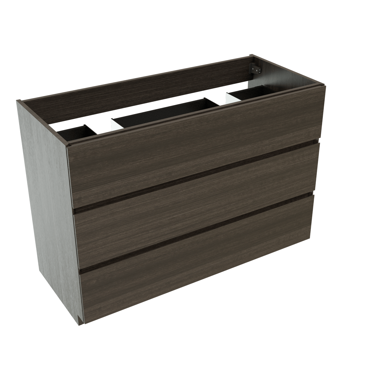 Storke Edge staande wastafelonderkast 120 x 52 cm donkere eiken 3 lades 2 sifonuitsparingen