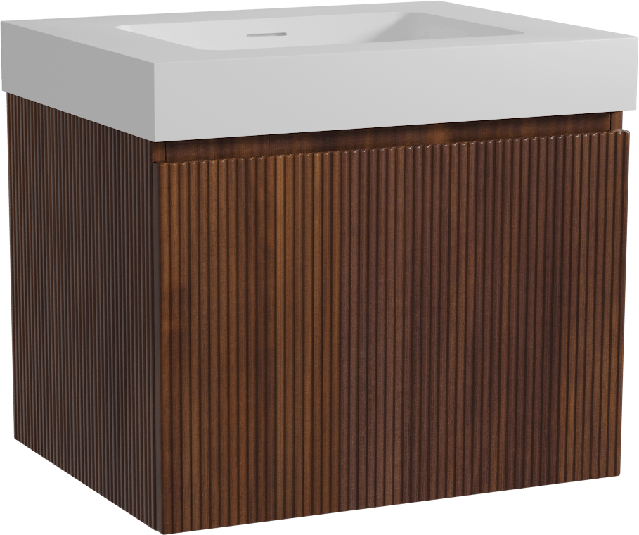 Storke Ribs zwevend badkamermeubel 65 x 52 cm notelaar met Mata High enkele wastafel in solid surface mat wit, Verticale symmetrische rechte ribbel