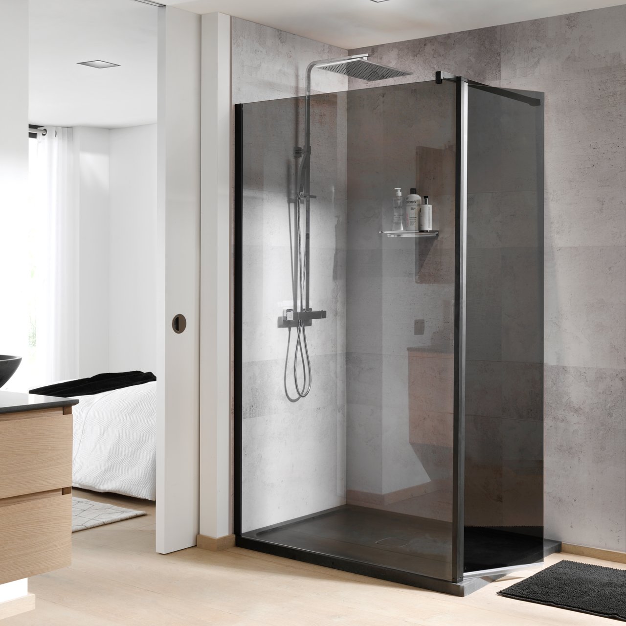 Balmani Move inloopdouche met beweegbare zijwand 120 x 200 cm rookglas met coating, mat zwart profiel