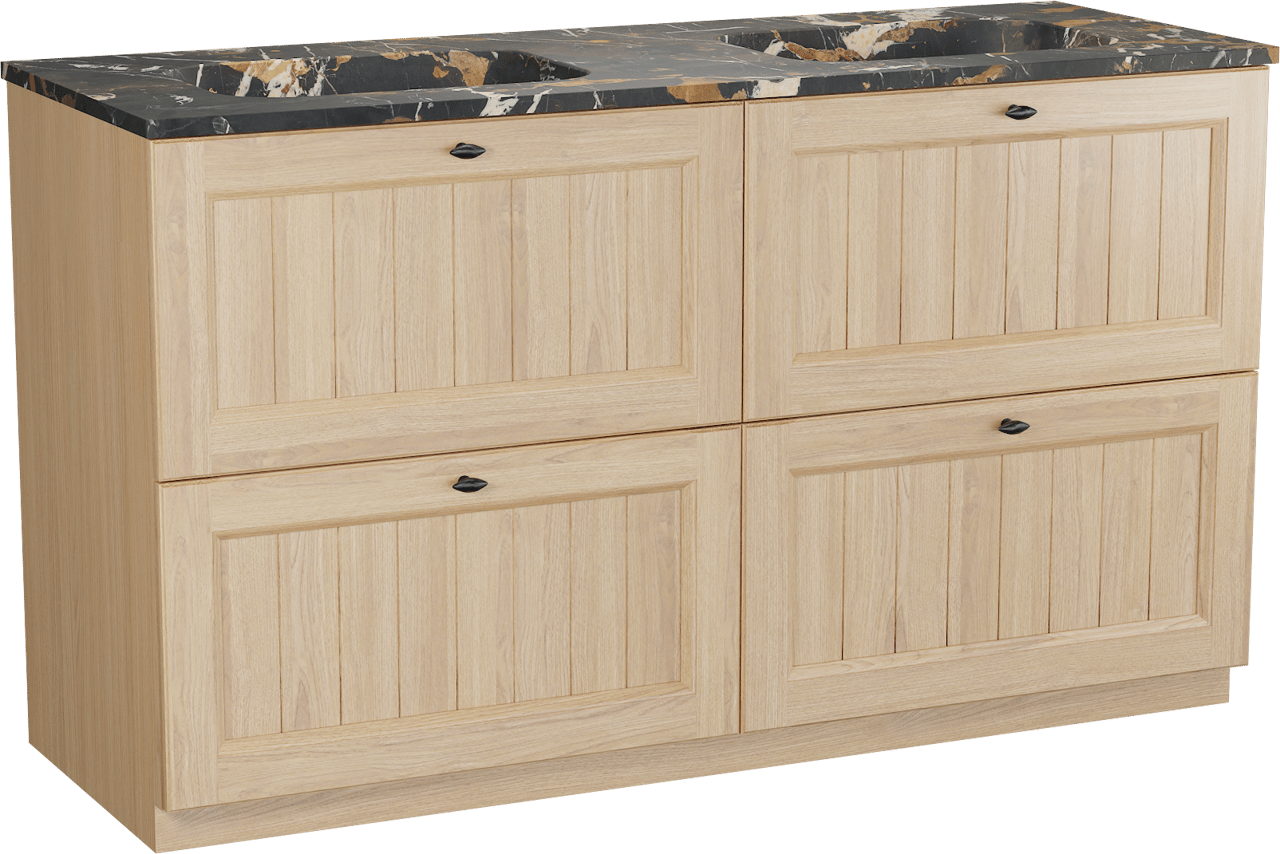 Balmani Lemon staand badkamermeubel 150 x 55 cm, fineer natuur eik met Tablo Arcato dubbele wastafel in portoro gold
