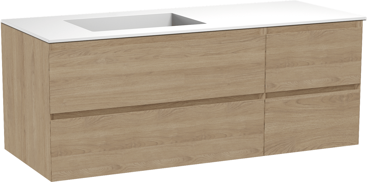 Balmani Mitra hängendes Möbelstück Set: 135 x 55 cm, Naturbelassene Eiche, mit Tablo Stretto Waschtisch links, Solid Surface Weiß matt
