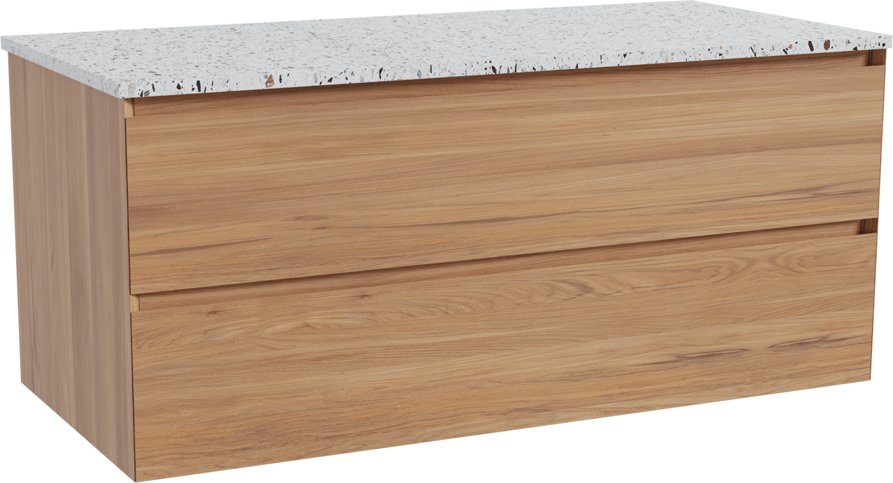 Balmani Mitra meuble salle de bains suspendu 120 x 55 cm teck avec Stretto tablette simple ou double en blanc/noir mat terrazzo