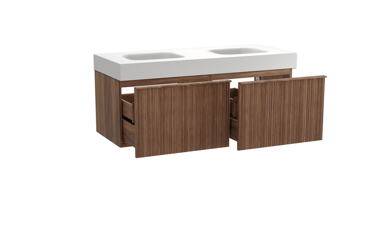 Balmani Forma zwevend badmeubel 135 x 55 cm amerikaans notenhout met Arcato dubbele wastafel in solid surface mat wit, Verticale asymmetrische ronde ribbel
