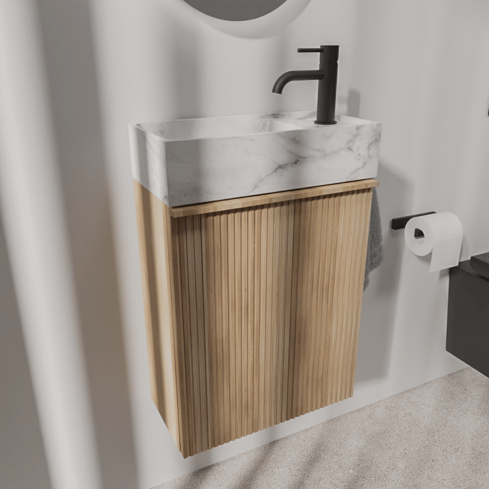 Balmani Forma meuble wc suspendu 42 x 21 cm chêne naturel avec Dama lavabo en marbre Carrara
