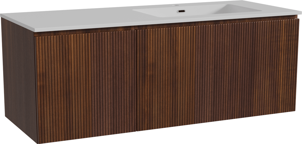 Storke Ribs zwevend badmeubel 130 x 52 cm notenhout met Diva asymmetrisch rechtse wastafel in composietmarmer hoogglans wit, Verticale symmetrische rechte ribbel