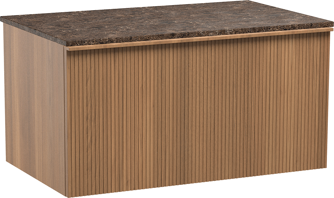 Balmani Forma hängendes Möbelstück Set: 90 x 55 cm, Teak, mit Stretto Einzel Waschtischplatte, Marmor, Dark Emperador, Vertikale symmetrische gerade Rippe