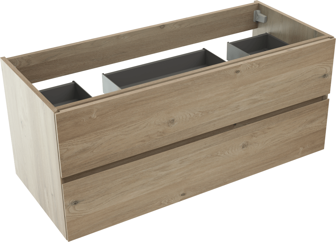 Storke Edge hängender Waschbeckenunterschrank: 120 x 52 cm, Eiche rustikal, 2 Schubladen, 2 Siphonaussparungen