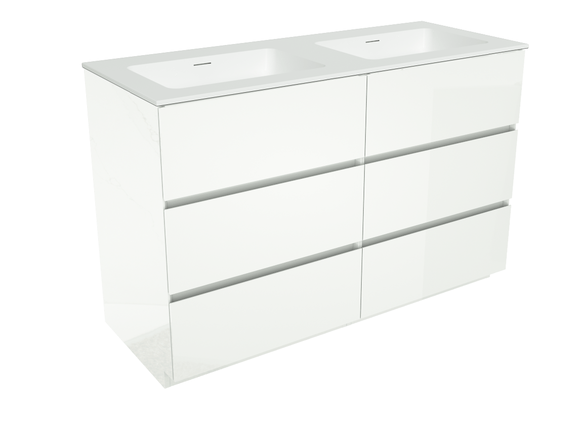 Storke Edge staand badkamermeubel 130 x 52 cm glanzend wit met Mata dubbele wastafel in solid surface mat wit