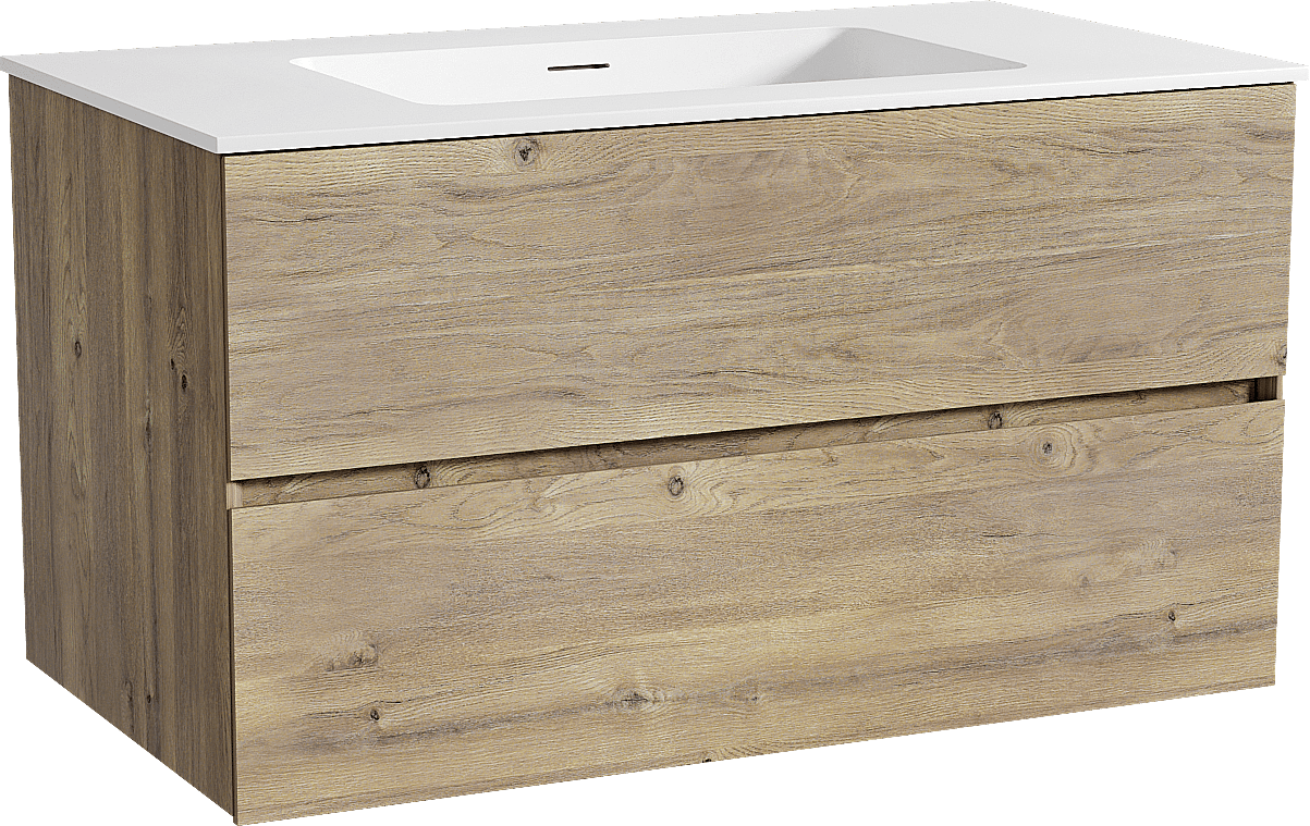Storke Edge zwevend badkamermeubel 95 x 52 cm ruwe eik met Mata enkele wastafel in solid surface mat wit