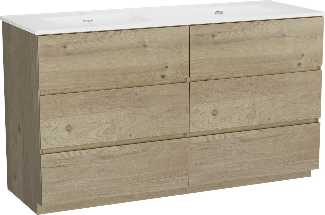 Storke Edge staand badkamermeubel 150 x 52 cm ruwe eik met Kera dubbele wastafel in porselein mat wit, afvoerpluggen inbegrepen