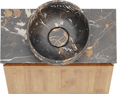 Balmani Mitra meuble wc suspendu 42 x 21 cm teck avec Facetta tablette et Bowl vaque à poser en marbre Portoro Gold