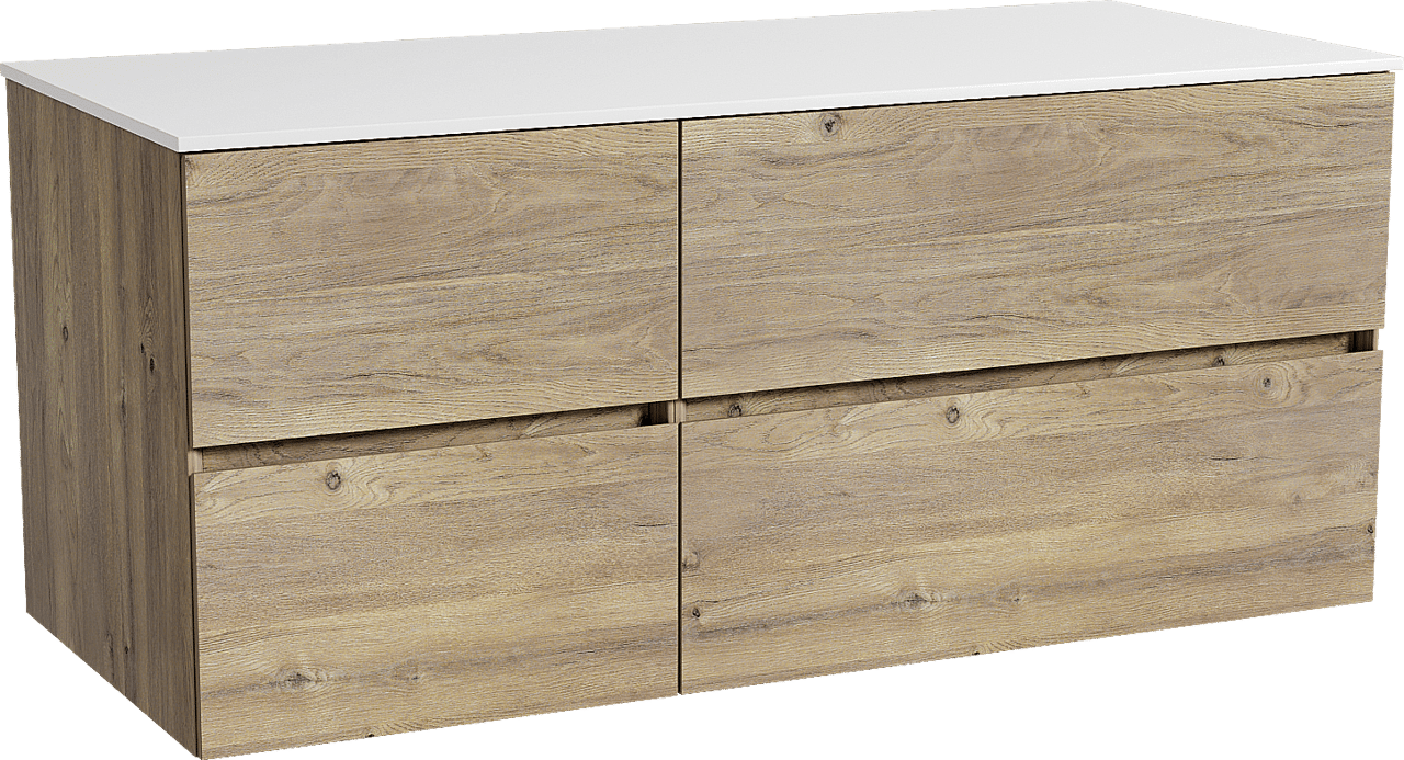 Storke Edge zwevend badmeubel 120 x 52 cm ruw eiken met Tavola enkel of dubbel wastafelblad in solid surface mat wit