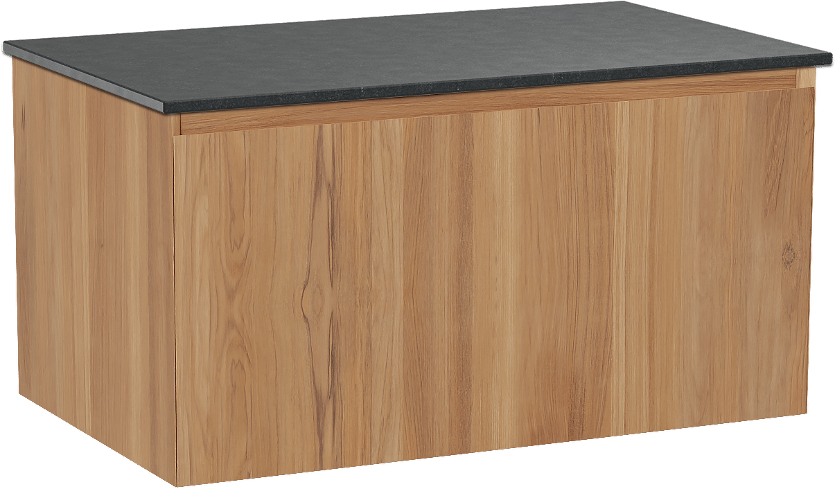 Balmani Idra by Mitra hängendes Möbelstück Set: 90 x 55 cm, Teak, mit Stretto Einzel Waschtischplatte, Schwarzes Granit