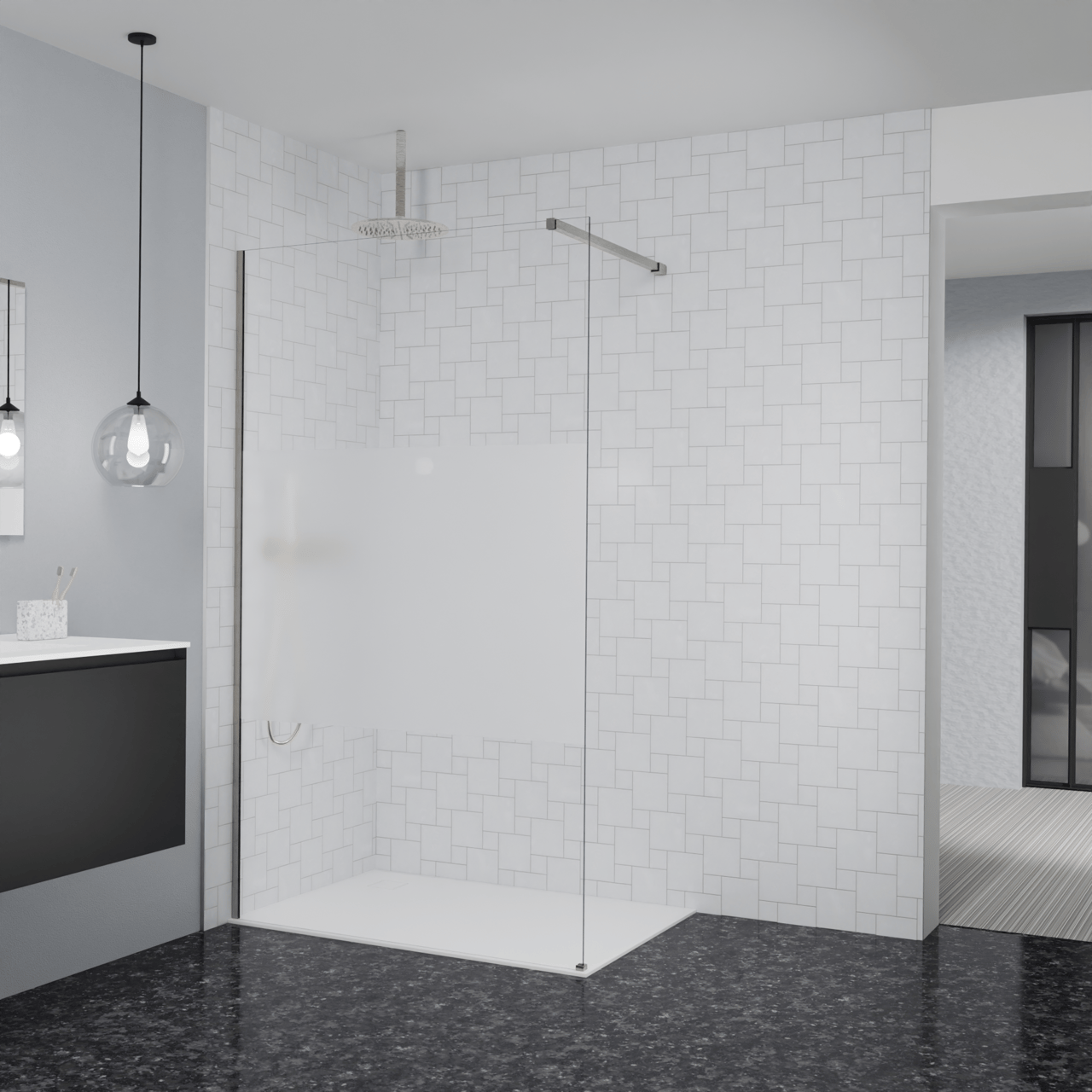 Balmani Modular douche à l'italienne: 120 x 200 cm, Verre transparent avec bande mate, Profil Brushed CoolMetal