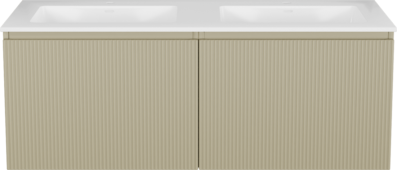 Storke Ribs meuble salle de bains suspendu 130 x 52 cm soie grise avec Bilia double vasque en marbre composite blanc brillant, Nervure droite symétrique verticale